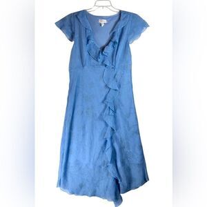 Women’s 14 Blue Floral Ruffle Chiffon Dress Midi Sheer Fit Flare Y2K Babydoll